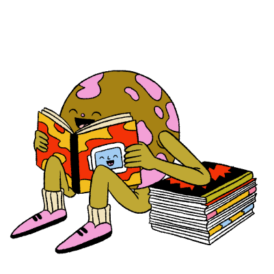 Animated character sitting on a stack of books and reading