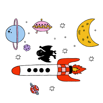 Animated rocket ship with flames, surrounded by planets, stars, a moon, and a UFO